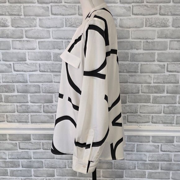 Calvin Klein Logo Blouse Top White Black Classic Button Front Large Flowy Relax - Picture 3 of 8